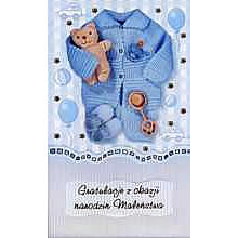 Kartka okolicznosciowa: Gratulacje z okazji narodzin Malenstwa. Niebieskie ubranko.